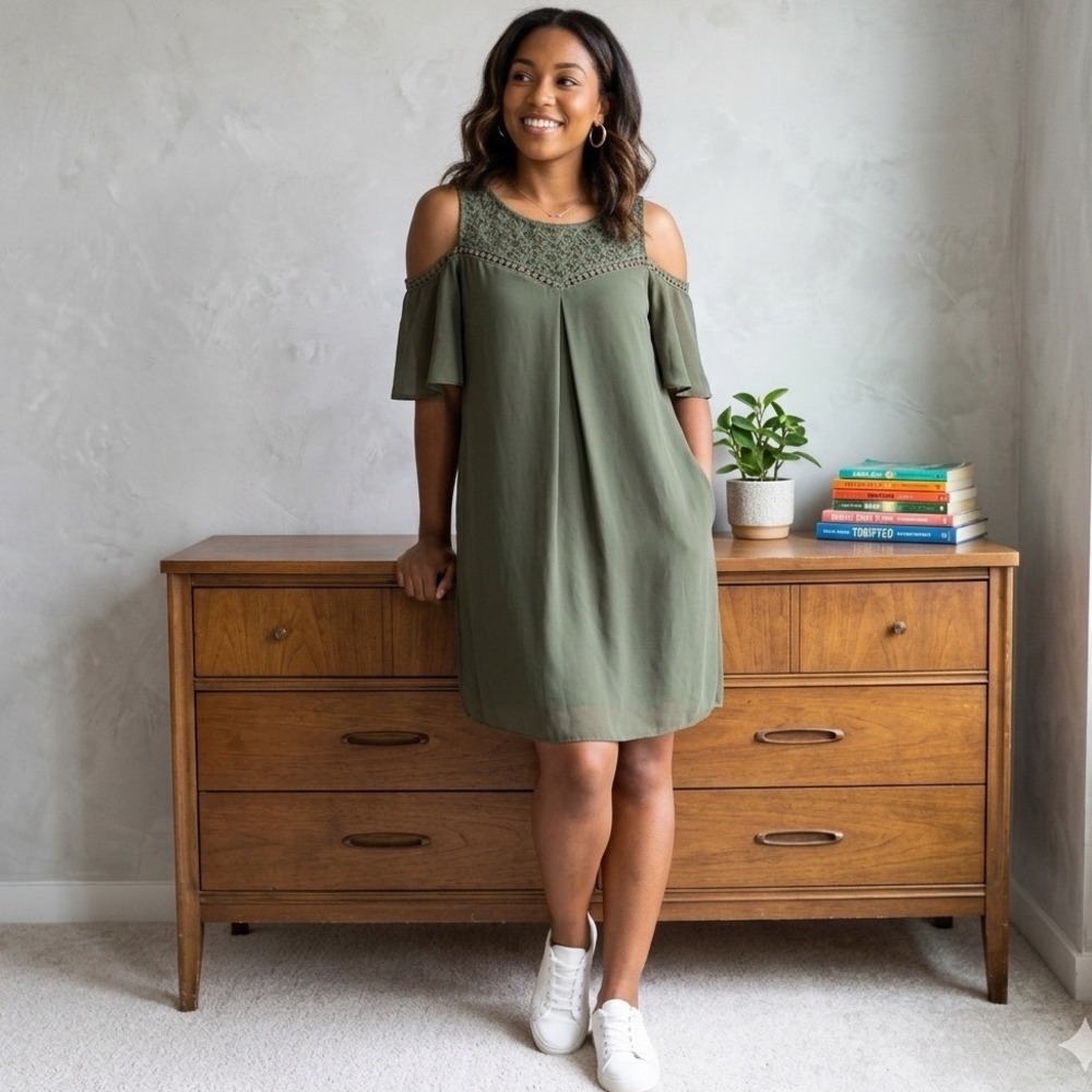 BCX Olive Green Lace Cold-Shoulder Dress